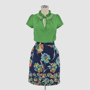 Anthropologie Womens Green Floral Dress Size 2 Elland TABITHA Blouson Tie Neck